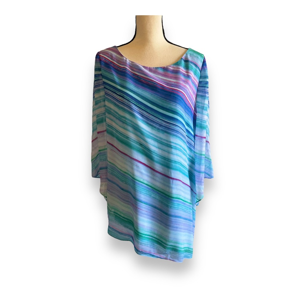 Chico's Multi Color Watercolor Stripe Kimono Sleeve Lined Blouse Tunic Blue Sz M